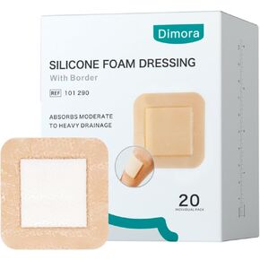 Dimora Silicone Foam Dressing 3x3 inch with Border, Wound Bandage, Gentle Adhesive Waterproof Pads for Sensitive Skin Wound Care 7.5x7.5 cm 20 Pack