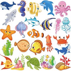 Nezyo 200 Pcs Sea Life Cut Outs with 400 Glue Points Ocean Coral Sea Turtle Tropical Fish Cutouts Ocean Themed Party Decorations Sea Animal Accents for School Classroom Bulletin Board Decoration