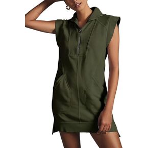 Qiaomai Womens Half Zip Sweatshirt Dresses Summer V Neck Sleeveless Pullover Tunic Tops Mini Dress
