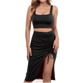 LAIBUYI Women's Square Neck Tight Sleeveless Open Back Split Wrinkle Open Navel Sexy Dress Two Piece Set