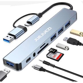 JUEJUEZI USB Hub 3.0 Multiport Adapter 8 Port, Aluminum USB & USB C Hub 3.0 Expander Splitter 8 in 1 Fast Date Transfer, Audio and TF/SD Ports, for MacBook Pro/Air, Pad Pro/Phones 15 pro/Laptop