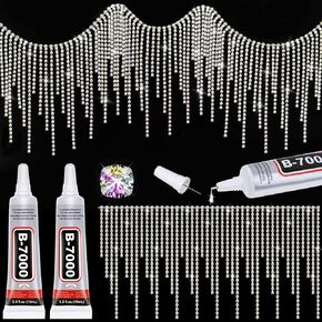 Tetutor Rhinestone Fringe with B7000 Glue, Sparkle Rhinestone Trim Rhinestone Fringe Belt Rhinestone Fringe Trim, Sliver Diamond Fringe Rhinestone Tassel Chain for Jeans Clothing DIY 0.6 Yard