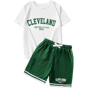 Floerns Boy's 2 Piece Outfit Letter Print Tee Shirt and Track Shorts Set