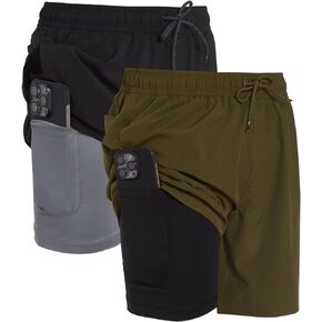 Mens 2 Pack Swim Trunks with Compression Liner Anti Chafing 7 inch Inseam Stretch Quick Dry Swim Shorts with Phone Pocket