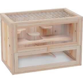 PawHut 2-Level Hamster Cage Mice and Rat House، موئل الحيوانات الصغيرة لخنازير غينيا، شنشيلا مع قمة قابلة للفتح، باب أمامي، رف وسلم، طبيعي