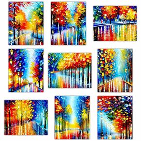 9Pcs Abstract Fall Wall Art Prints - Autumn Maple Trees Landscape in Rain Reflective Painting Collage Aesthetic Pictures for Living Room Bedroom Rainbow Themed Modern Decor - 8x10 UNFRAMED Photos