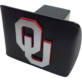 University of Oklahoma METAL emblem (chrome with crimson trim) on black METAL Hitch Cover