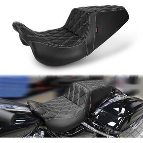 JUNJUMOTO One-Piece Rider Passenger Seat Lower Bucket Seat Diamond Pattern Fit for Harley Touring Street Glide Road Glide Road King Electra Glide 2008-2024 (Black Stitching,Diamond Pattern)