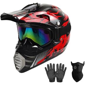 CUETY DOT Youth Kids ATV Helmet, Unisex Off-Road BMX MX Street Ride Full Face Motocross Motorycle Helmet W/ Goggles Gloves Mask