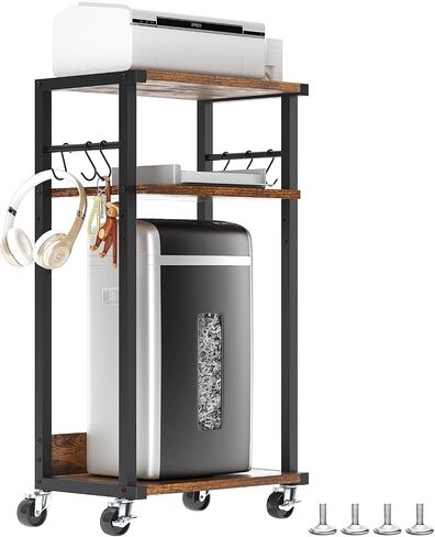 YMYNY Mobile Printer Stand, 3-Tier Printer Cart with Adjustable Storage Shelf and 6 S-Hooks, Tall Printer Table for Home Office, for Computer Tower Stand, Shredder, CPU Stand, Rustic Brown, UHPT002H in Saudi Arabia