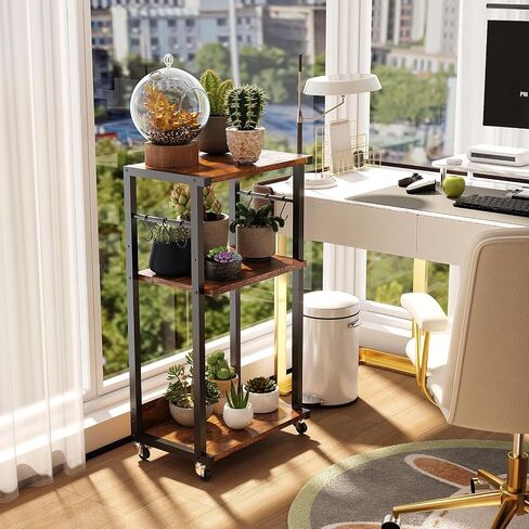YMYNY Mobile Printer Stand, 3-Tier Printer Cart with Adjustable Storage Shelf and 6 S-Hooks, Tall Printer Table for Home Office, for Computer Tower Stand, Shredder, CPU Stand, Rustic Brown, UHPT002H in Saudi Arabia