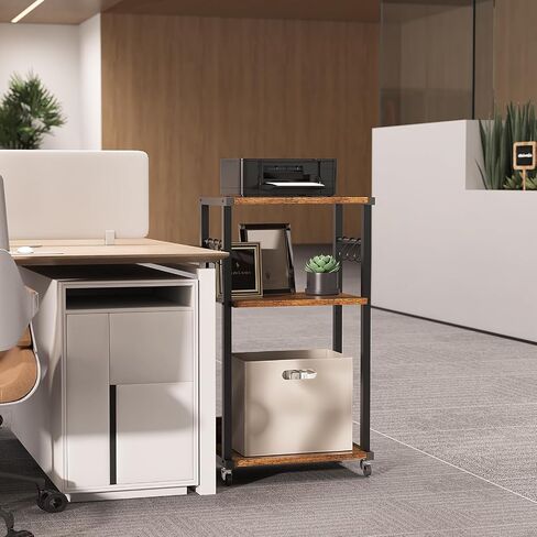 YMYNY Mobile Printer Stand, 3-Tier Printer Cart with Adjustable Storage Shelf and 6 S-Hooks, Tall Printer Table for Home Office, for Computer Tower Stand, Shredder, CPU Stand, Rustic Brown, UHPT002H in Saudi Arabia