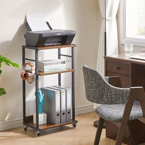 YMYNY Mobile Printer Stand, 3-Tier Printer Cart with Adjustable Storage Shelf and 6 S-Hooks, Tall Printer Table for Home Office, for Computer Tower Stand, Shredder, CPU Stand, Rustic Brown, UHPT002H in Saudi Arabia