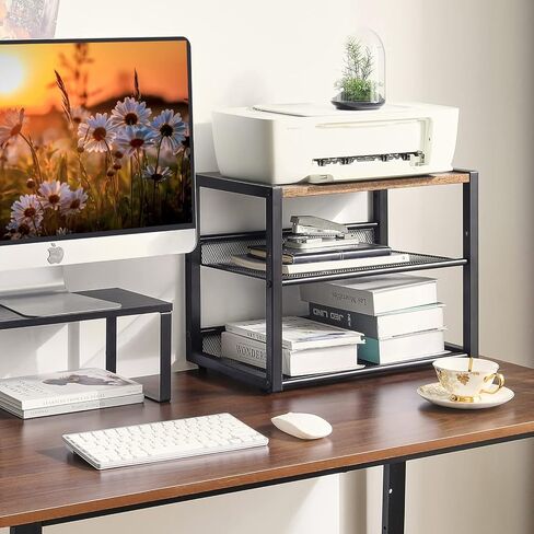 YMYNY Mobile Printer Stand, 3-Tier Printer Cart with Adjustable Storage Shelf and 6 S-Hooks, Tall Printer Table for Home Office, for Computer Tower Stand, Shredder, CPU Stand, Rustic Brown, UHPT002H in Saudi Arabia