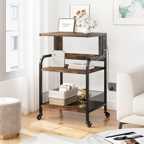 GAOMON Printer Stand, Large Printer Table with Power Outlets and USB Ports, Mobile Printer Stand, 3 Tier Rolling Printer Cart with Adjustable Storage Shelf for Home Office Living, Rustic Black in Saudi Arabia