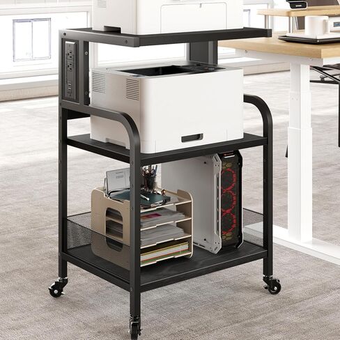 GAOMON Printer Stand, Large Printer Table with Power Outlets and USB Ports, Mobile Printer Stand, 3 Tier Rolling Printer Cart with Adjustable Storage Shelf for Home Office Living, Rustic Black in Saudi Arabia