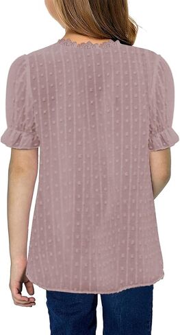 Ecokauer Girls'Clothes Cute Summer Lace Crochet V Neck Flowy Short Sleeve Basic Tee Shirts for Girls Tops Pink Loose T Shirts Size 10 11 Pom Pom Chiffon Flowy Blouses in Saudi Arabia