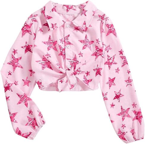 Floerns Girl's Star Print Button Front Asymmetrical Hem Long Sleeve Shirt Blouse in Saudi Arabia