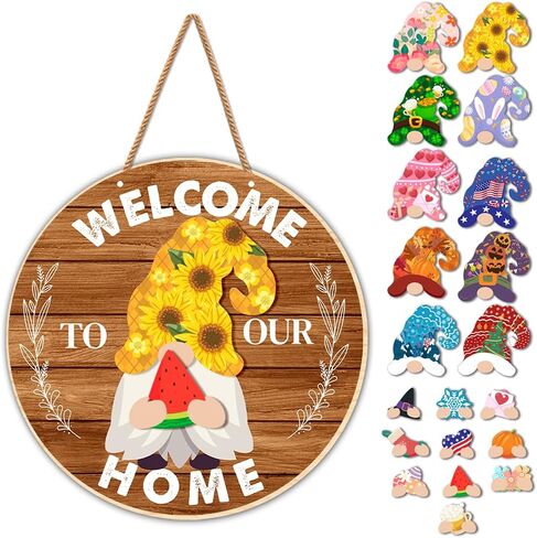 Yuzi-n Interchangeable Welcome Sign, Wood Decorative Sign, 12 inch Round, Housewarming Gnome Theme Material, DIY Holiday Seasonal Decor in Kuwait