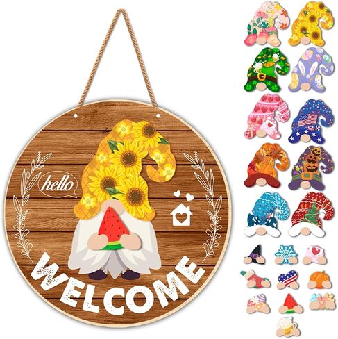 Yuzi-n Interchangeable Welcome Sign, Wood Decorative Sign, 12 inch Round, Housewarming Gnome Theme Material, DIY Holiday Seasonal Decor in Kuwait