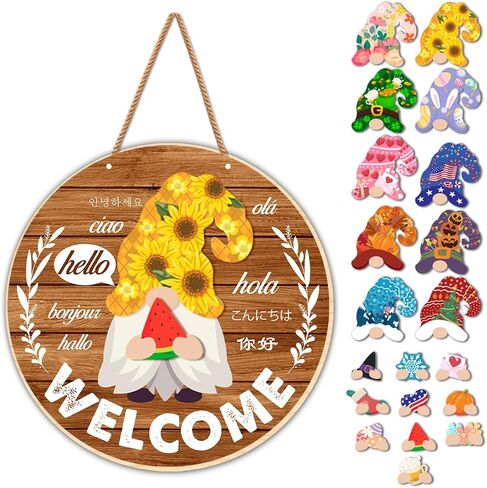 Yuzi-n Interchangeable Welcome Sign, Wood Decorative Sign, 12 inch Round, Housewarming Gnome Theme Material, DIY Holiday Seasonal Decor in Kuwait