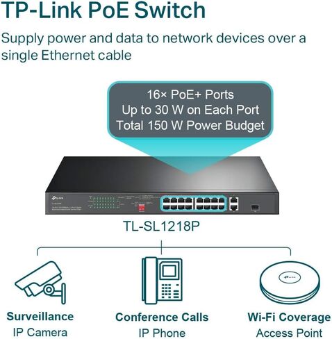 TP-Link TL-SL1218P 16 Port 10/100Mbps Fast Ethernet PoE Switch 16 PoE+ Ports @150W, w/ 2 Uplink Gigabit Ports + 1 Combo SFP Slot Extend, Priority & Isolation Mode in Saudi Arabia
