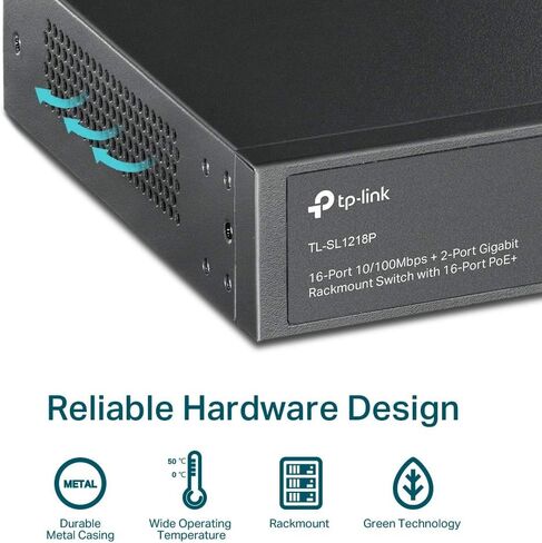 TP-Link TL-SL1218P 16 Port 10/100Mbps Fast Ethernet PoE Switch 16 PoE+ Ports @150W, w/ 2 Uplink Gigabit Ports + 1 Combo SFP Slot Extend, Priority & Isolation Mode in Saudi Arabia