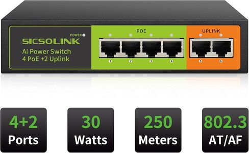 SICSOLINK AI Smart 6 Ports PoE+ Switch (4 PoE+ Ports,2 Uplink),802.3af/at,30W Each Port,100Mbps,Extend to 250Meter,Unmanaged,Metal,Suitable for IP Cameras,Networking Devices & Home Office. in Saudi Arabia