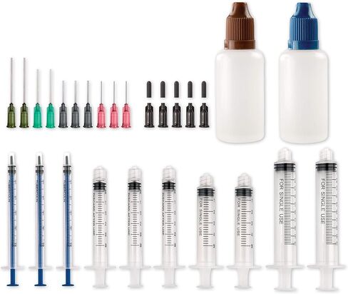 مجموعة إبر ذات طرف حاد لحقنة يدوية مجانية - (10 محاقن، 10 إبر، 10 أغطية وزجاجتي تخزين) - لإعادة تعبئة وقياس السوائل أو أداة وضع الزيت أو الغراء in Kuwait