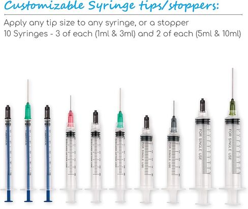 مجموعة إبر ذات طرف حاد لحقنة يدوية مجانية - (10 محاقن، 10 إبر، 10 أغطية وزجاجتي تخزين) - لإعادة تعبئة وقياس السوائل أو أداة وضع الزيت أو الغراء in Kuwait