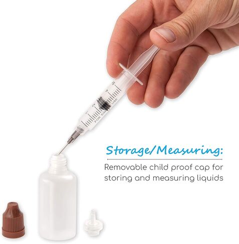 مجموعة إبر ذات طرف حاد لحقنة يدوية مجانية - (10 محاقن، 10 إبر، 10 أغطية وزجاجتي تخزين) - لإعادة تعبئة وقياس السوائل أو أداة وضع الزيت أو الغراء in Kuwait