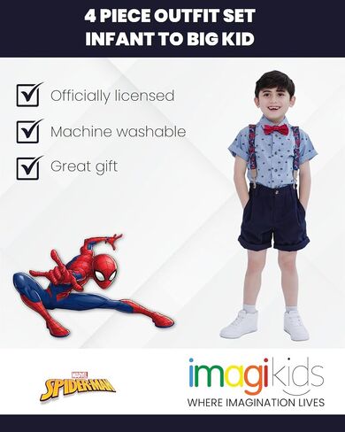 Marvel Spider-Man Little Boys Button Down Shirt Twill Shorts Suspenders and Bow-Tie 4 Piece Outfit Set Blue 6 in Saudi Arabia