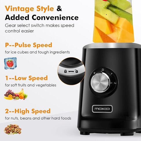 MoKo 700W Smoothie Blender, Personal Blender for Shakes and Smoothies, Retro Countertop Blender and Grinder for Kitchen with 6 Blades,BPA Free, with 2 Speeds and Pulse for Smoothies and Shakes, Black in Saudi Arabia