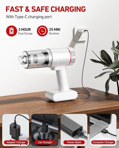 CSCL Handheld Car Vacuum Cleaner Cordless, 15000PA Powerful Suction Car Vacuum High Power Cleaner with LED Light & Multi Accessories, Portable Mini Hand Held Car Vacuum Cleaner for Car Home Office in Kuwait