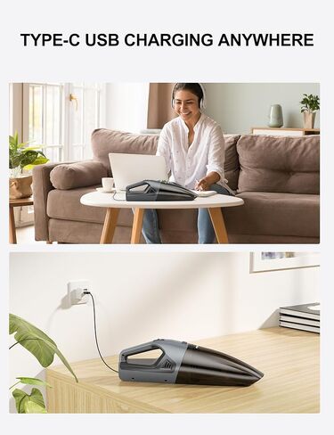 مكنسة كهربائية محمولة بدون أسلاك - مكنسة كهربائية صغيرة للسيارة بقوة 9000 باسكال، مكنسة كهربائية عالية الطاقة قابلة لإعادة الشحن لشعر الحيوانات الأليفة محمولة للسجاد المنزلي للسيارة - شحن USB (أسود) in Kuwait