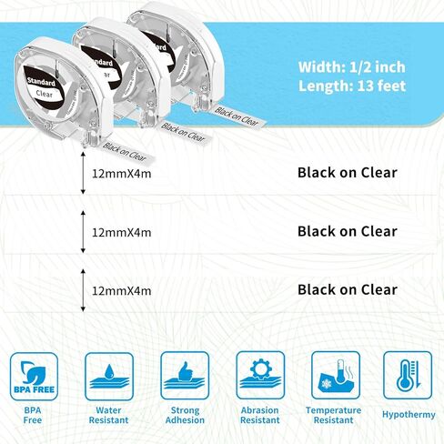 شريط ملصقات Phomemo P12 بديل واضح لصانع الملصقات Dymo يعبأ بشكل واضح متوافق مع صانع الملصقات Dymo Letratag LT-100H، ملصقات P12 باللون الأسود على شفاف 12 مم 0.47 بوصة لصانع الملصقات Phomemo P12 P12-PRO in Kuwait