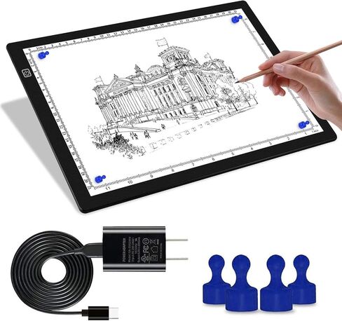 Magnetic Light Box for Tracing, A4 Light Pad for Drawing with 4 Magnets, 2 Scale (CM & INCH) Portable Ultra-Thin Sketch Pad, Dimmable Light Table for Diamond Painting, X-ray View (4 Magnets Included) in Saudi Arabia