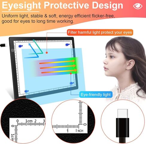Magnetic Light Box for Tracing, A4 Light Pad for Drawing with 4 Magnets, 2 Scale (CM & INCH) Portable Ultra-Thin Sketch Pad, Dimmable Light Table for Diamond Painting, X-ray View (4 Magnets Included) in Saudi Arabia