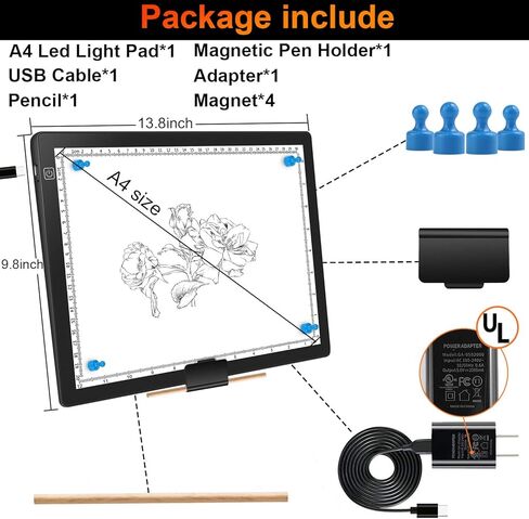 Magnetic Light Box for Tracing, A4 Light Pad for Drawing with 4 Magnets, 2 Scale (CM & INCH) Portable Ultra-Thin Sketch Pad, Dimmable Light Table for Diamond Painting, X-ray View (4 Magnets Included) in Saudi Arabia