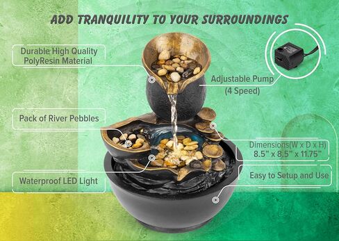 Spilling Pot Tabletop Water Fountain, 1 Foot Tall, Cascading Waterfall, with LED Light and Real Stones, Decorative Indoor Water Fountain, by Better Office Products in Saudi Arabia