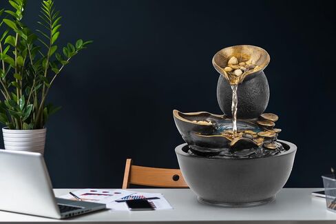 Spilling Pot Tabletop Water Fountain, 1 Foot Tall, Cascading Waterfall, with LED Light and Real Stones, Decorative Indoor Water Fountain, by Better Office Products in Saudi Arabia