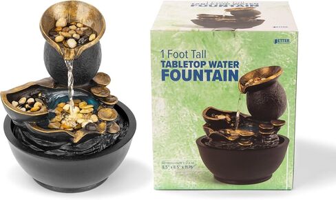 Spilling Pot Tabletop Water Fountain, 1 Foot Tall, Cascading Waterfall, with LED Light and Real Stones, Decorative Indoor Water Fountain, by Better Office Products in Saudi Arabia