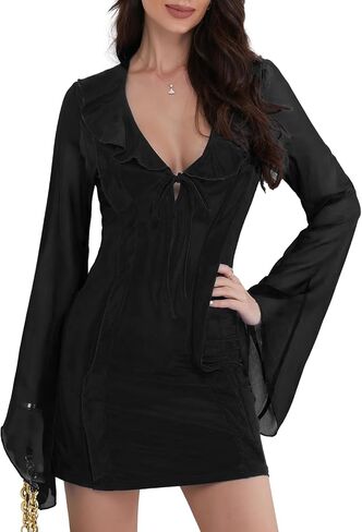 Minsera Women Bodycon Dress Long Sleeve Dress Summer Mini Deep V Neck Sexy Ruffle Hem Lace Up Short Dress Mini Club Dress in Saudi Arabia