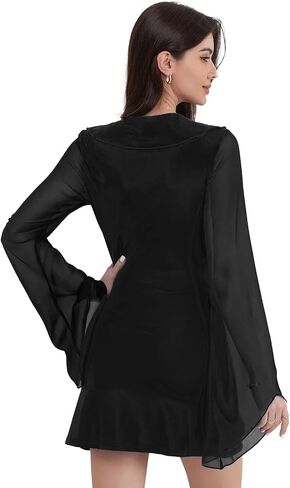 Minsera Women Bodycon Dress Long Sleeve Dress Summer Mini Deep V Neck Sexy Ruffle Hem Lace Up Short Dress Mini Club Dress in Saudi Arabia