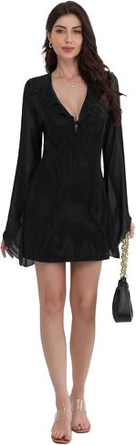 Minsera Women Bodycon Dress Long Sleeve Dress Summer Mini Deep V Neck Sexy Ruffle Hem Lace Up Short Dress Mini Club Dress in Saudi Arabia