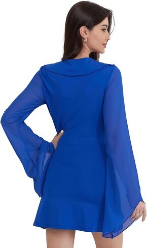Minsera Women Bodycon Dress Long Sleeve Dress Summer Mini Deep V Neck Sexy Ruffle Hem Lace Up Short Dress Mini Club Dress in Saudi Arabia