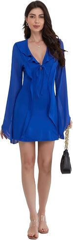 Minsera Women Bodycon Dress Long Sleeve Dress Summer Mini Deep V Neck Sexy Ruffle Hem Lace Up Short Dress Mini Club Dress in Saudi Arabia