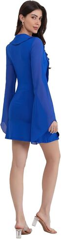 Minsera Women Bodycon Dress Long Sleeve Dress Summer Mini Deep V Neck Sexy Ruffle Hem Lace Up Short Dress Mini Club Dress in Saudi Arabia