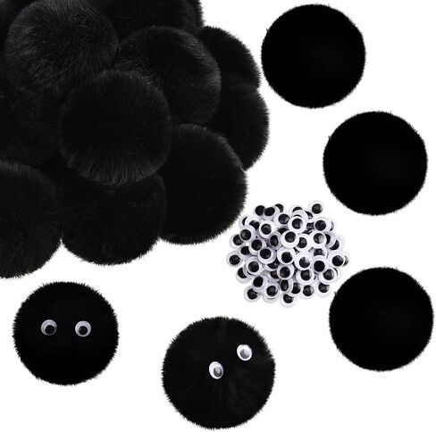 30 Pieces 2.6 Inch Black Pom Pom Balls Fluffy Craft Pom Poms Large Black Pom Poms Creative Crafts Decorations with 100 Pieces Plastic Self-adhesive Googly Eyes for DIY Craft Christmas Party Decoration in Saudi Arabia
