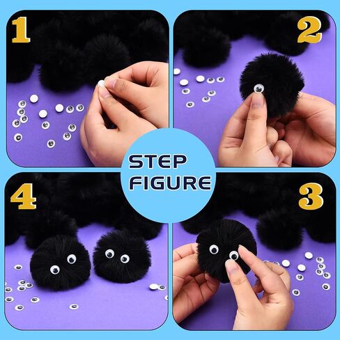 30 Pieces 2.6 Inch Black Pom Pom Balls Fluffy Craft Pom Poms Large Black Pom Poms Creative Crafts Decorations with 100 Pieces Plastic Self-adhesive Googly Eyes for DIY Craft Christmas Party Decoration in Saudi Arabia